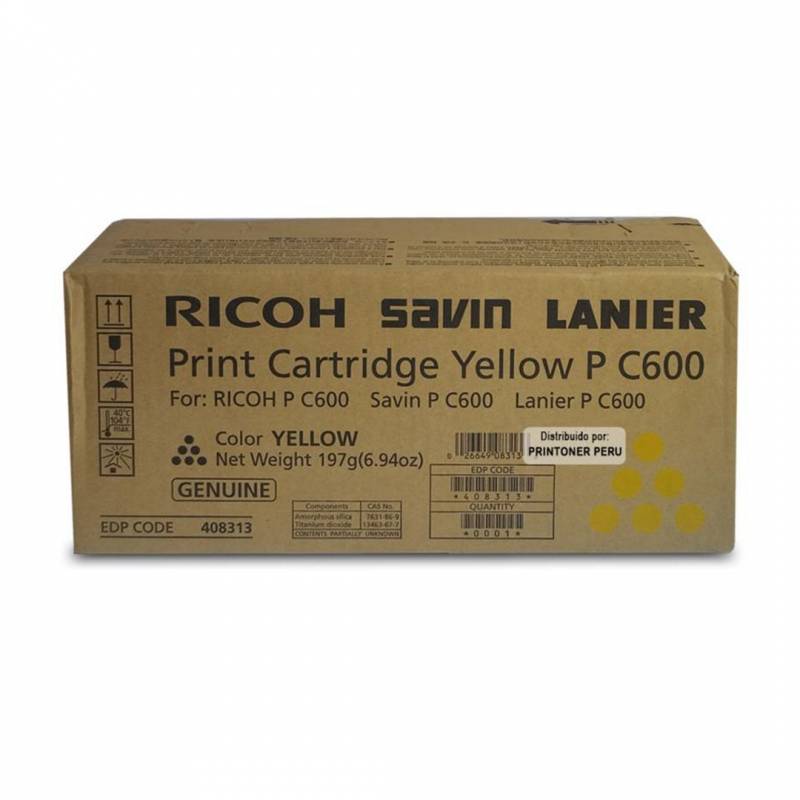 Toner Original Ricoh 408313 Amarillo. Rendimiento 12.000 Copias.