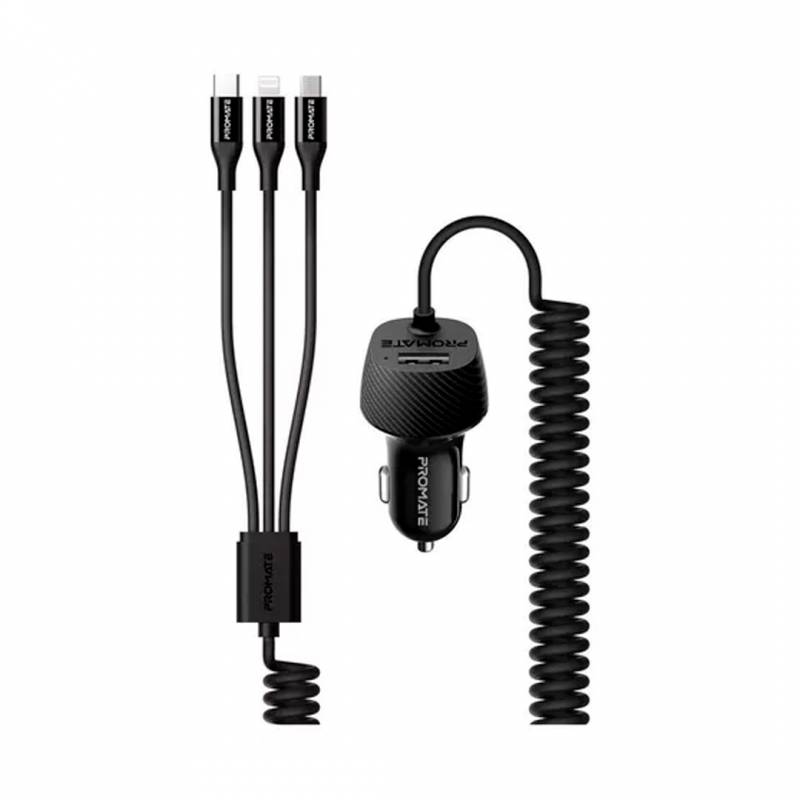 Cargador Para Auto Promate Voltrip-Uni 3.4A C/Cable Micro/Usb-C/L