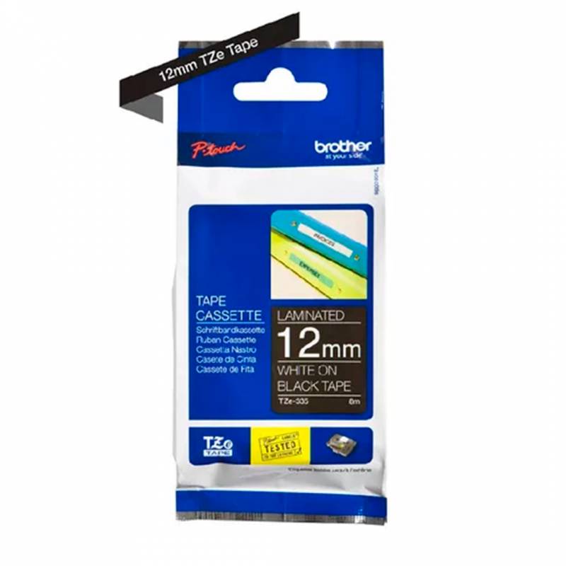 Cinta Brother Tze-335 - Ancho 9Mm Y Longitud 8M - Fondo Negro Y Letras Blanas