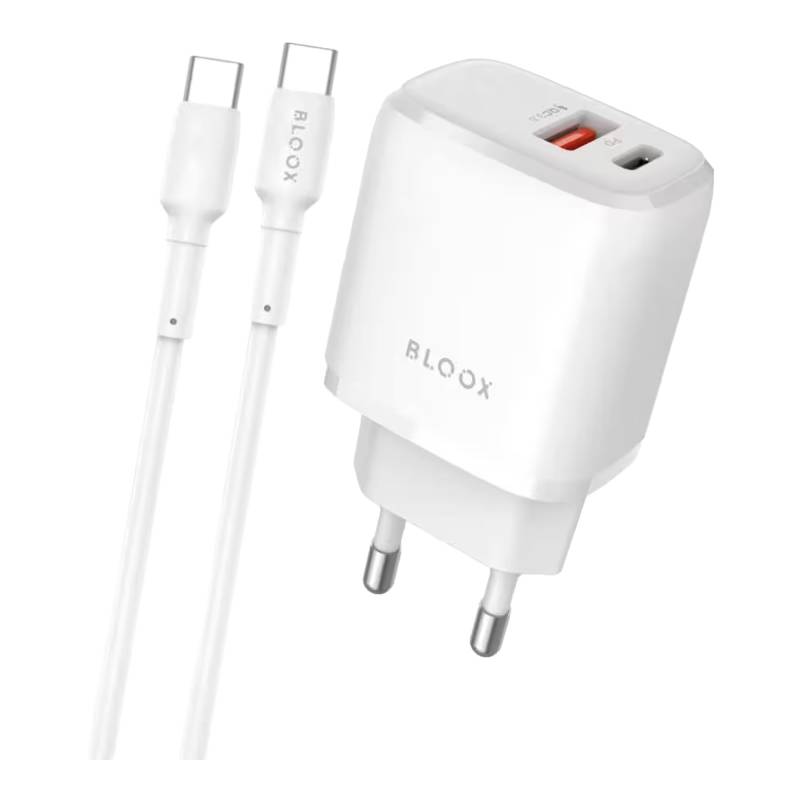 Cargador De Pared Bloox Charge C2 20W Usb-A + Usb-C Con Cable Usb-C 60W Blanco