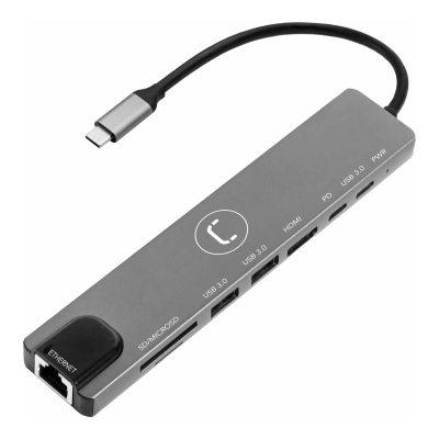 Hub Usb-C Unno Tekno Hb1109Gy 8 En 1 Hdmi 4K 30Hz Rj45 Gigabit Usb 3.0 Pd 100W Gris